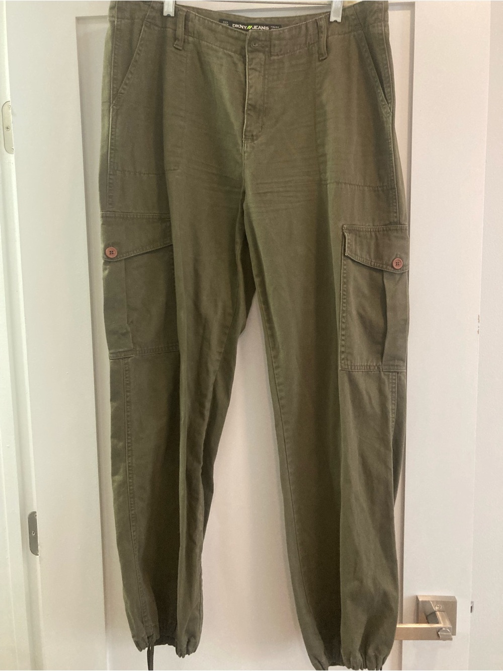 DKNY Vintage Olive Green Womens Cargo Jeans w/ Drawstring Bottoms